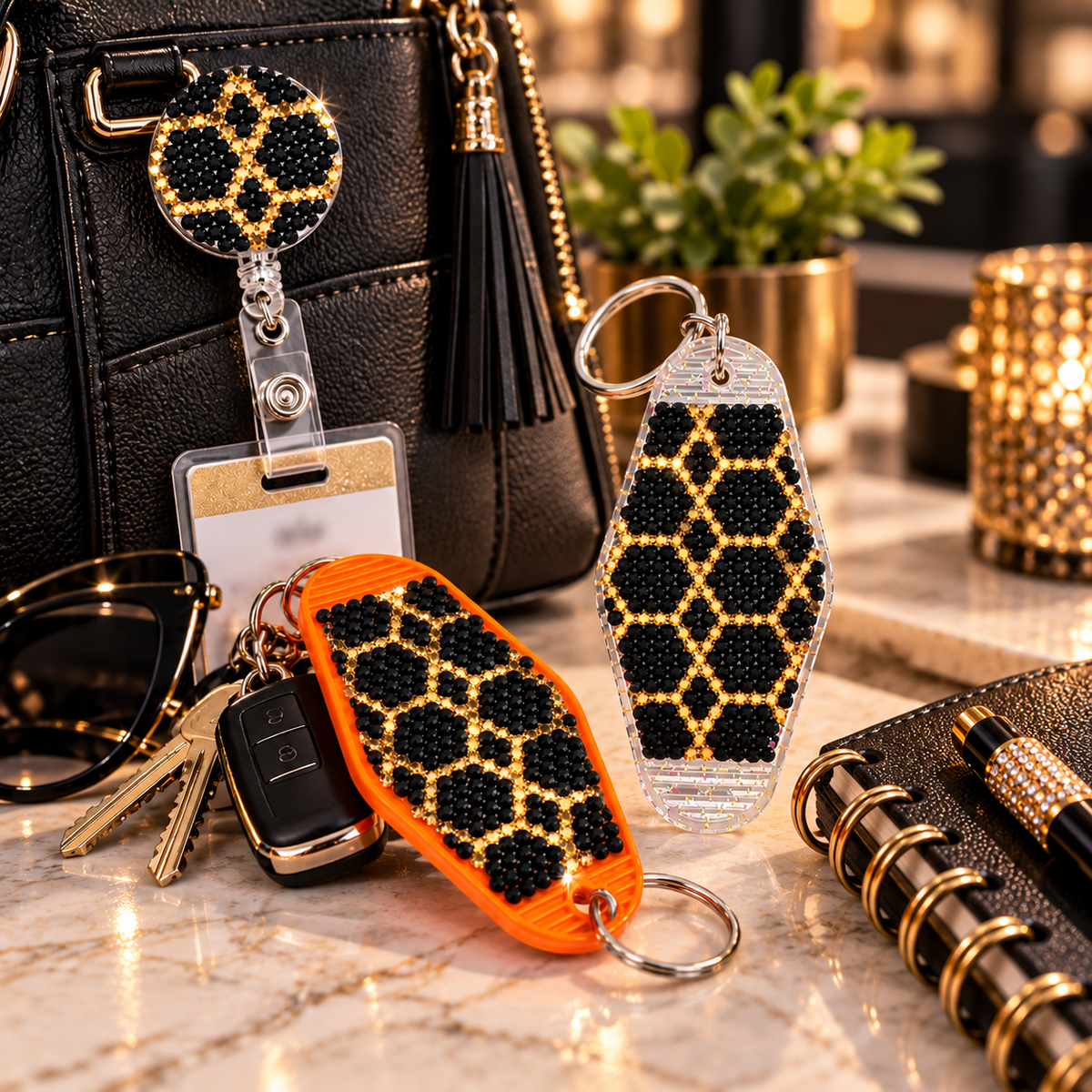Golden Geometry Rhinestone Badge Reel or Keychain