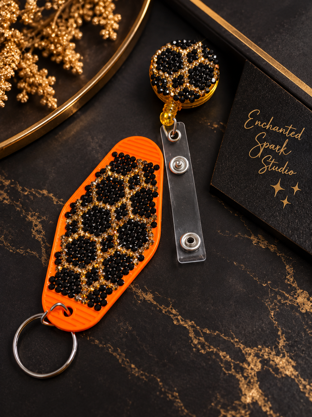 Golden Geometry Rhinestone Badge Reel or Keychain