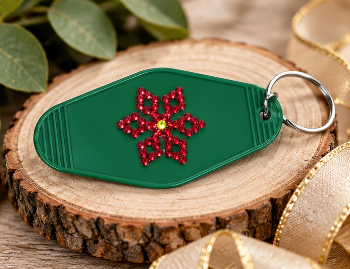Cozy Christmas Poinsettia Rhinestone Keychain